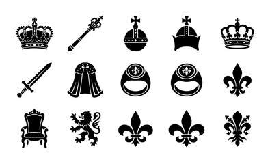 Royal heraldry icons set, 15 black silhouette monarch symbols, medieval crown and fleur de lis vector elements, kingdom regalia for branding © Arif
