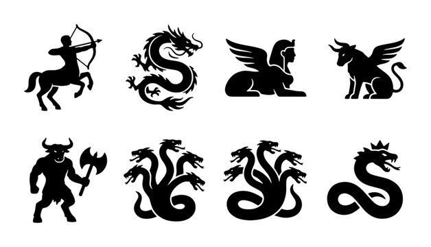 Mythological creatures black silhouette icons, ancient greek and fantasy monster vector set, 8 legendary beast symbols for gaming and logo design