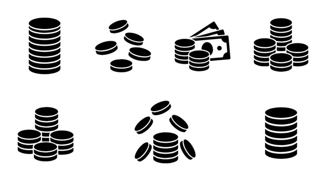 Black coin stack icons set, flat money and currency symbols, financial banking vector elements for business infographics and web design