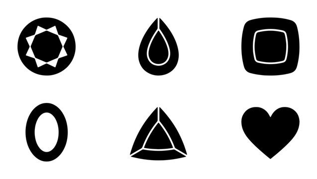 Minimalist gemstone cut icons, black silhouette jewelry stone shapes, set of 6 diamond and crystal vector symbols for luxury branding