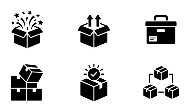 Logistics and shipping box icon set, 6 black solid vector symbols for delivery and packaging, warehouse storage and parcel distribution icons