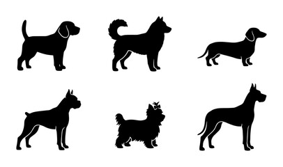 Dog breed silhouettes set, black canine profile icons including beagle husky and dachshund, 6 domestic pet animal vector illustrations on white © Jharna