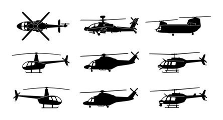 Helicopter silhouette vector set, 9 black aviation icons including military and civilian aircraft, transport chopper silhouettes for infographics © Jharna