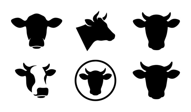 Minimalist cow head silhouette icons, set of 6 bull and heifer vector symbols, black livestock farm animal logos for butchery and dairy branding