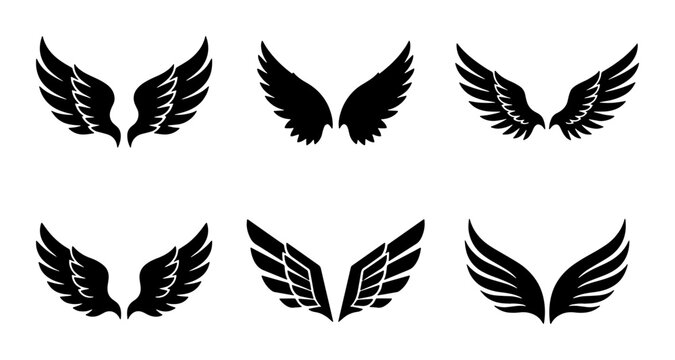 Heraldic eagle wings silhouettes set, 6 black vector wing icons, tribal feather wing design elements for logos and tattoos, flying bird wing symbols
