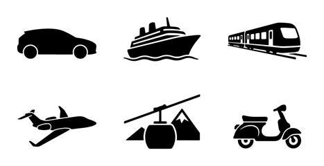 Transportation icons set with 6 black silhouettes, vehicle symbols for travel and logistics, minimalist car ship train plane cable car and scooter vector © Jharna