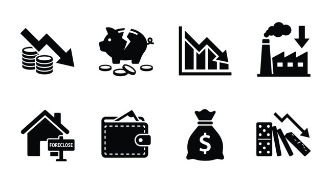 Vector icons illustrating economic downturn, financial crisis, and business decline. Concepts include falling profits, bankruptcy, foreclosure, and recession impact.