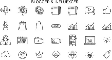 Fototapeta premium Blogger and Influencer Icons: Line Art for Social Media, Content Creation, and Online Business