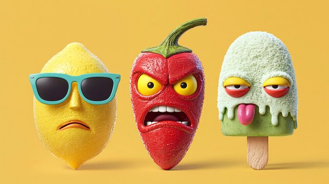 Cartoon-style lemon, chili pepper, and ice cream character with exaggerated facial expressions on a bright yellow background, showcasing playful and humorous designs