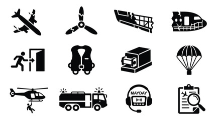 Fototapeta premium Black vector icons depicting aviation emergencies, accidents, safety, and rescue operations. Ideal for infographics, apps, and web design.