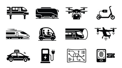 Obraz premium Collection of modern urban transportation, electric vehicle, and future mobility vector icons. Autonomous travel, smart city logistics, and digital services for innovative designs.