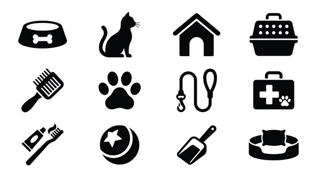 A comprehensive vector collection of black silhouette icons representing essential pet care supplies and animal accessories. Ideal for pet services, shops, or educational use.