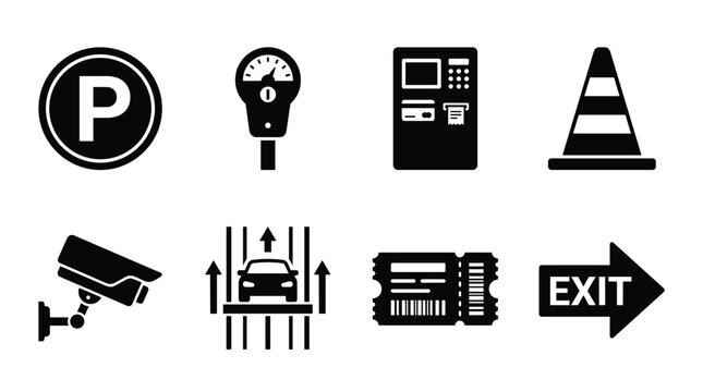 A versatile set of black vector icons for parking and traffic, featuring parking, meter, payment, cone, CCTV, car entry, ticket, and exit symbols. Ideal for web and app design.