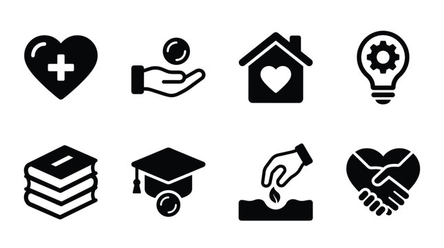 Diverse vector icons representing charity, education, social responsibility, innovation, and community support. Ideal for web, apps, or infographics.
