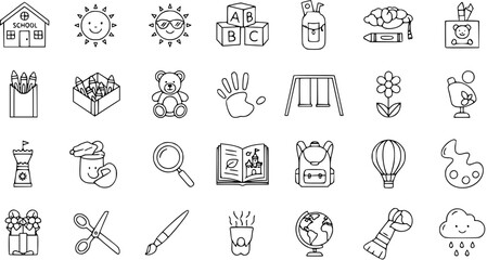 Naklejka premium Black and White Line Art Icons for Education, School, and Children's Fun