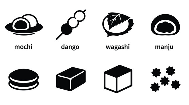 A collection of vector icons depicting popular Japanese traditional sweets like mochi, dango, and wagashi, ideal for menus, apps, and cultural designs.