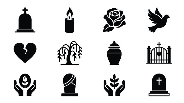 A collection of black vector icons symbolizing funeral, mourning, grief, and remembrance. Ideal for memorial service designs, obituaries, or religious contexts.