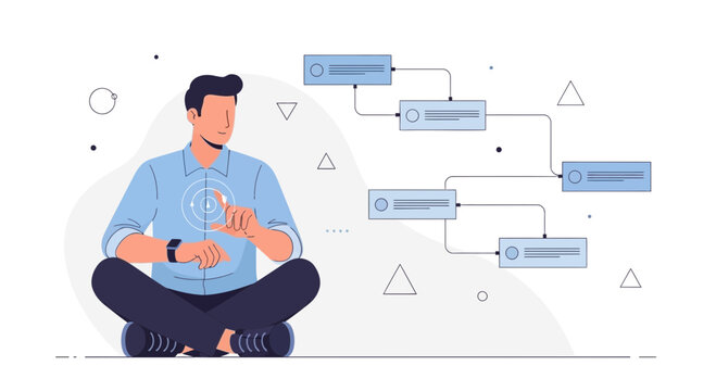 Man Interacting with Digital Flowchart, Business Process Visualization