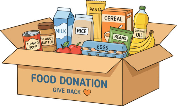 Food Donation Box Give Back &mdash; Cardboard Box Full of Grocery Staples Including Rice Pasta Eggs Milk and Canned Goods Flat Style