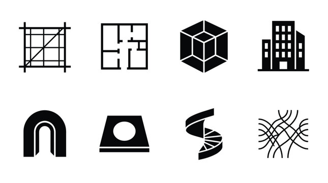 A versatile set of black vector icons representing architecture, construction, and urban planning concepts. Ideal for web, apps, or design projects.