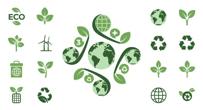 Illustrative icons symbolizing recycling, sustainability, and new growth. Perfect for environmental campaigns, marketing materials, or website visuals