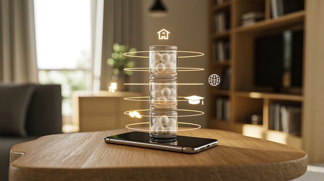 Glass jar with coins and rising financial chart concept on wooden table in modern living room