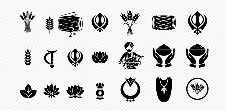 Set of Sikhism and Punjabi Culture Icons in Black and White.
