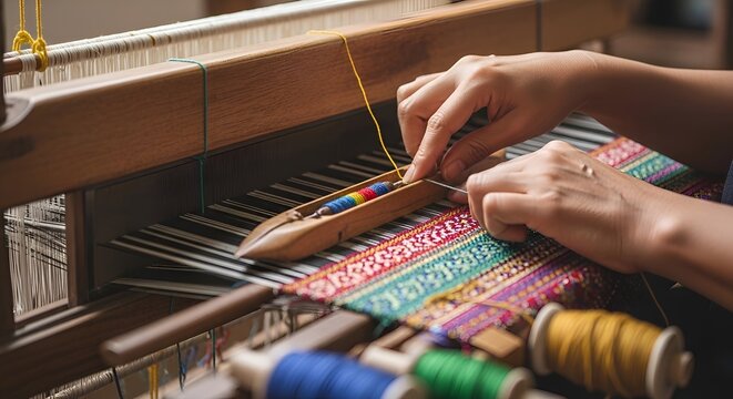 Artisan hands weaving colorful textile on traditional loom, intricate pattern creation