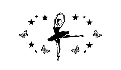 Stylized ballerina with decorative stars and butterflies frame black and white vector illustration © ShanjidaAkter