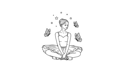 Seated ballerina with butterflies and stars black and white minimalist vector illustration © ShanjidaAkter