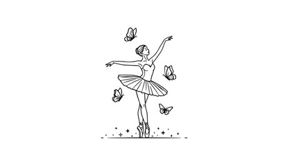 Arabesque ballerina with butterflies and stars black and white elegant vector line art © ShanjidaAkter