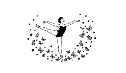 Graceful ballerina pose with scattered stars and butterflies black and white vector illustration © ShanjidaAkter