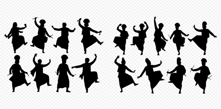 Collection of traditional Indian dancers performing various poses in silhouette.
