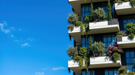 Fototapeta premium Sustainable architecture concept, modern apartment balconies with lush green trees and plants. Urban ecology and eco-friendly building design for green living.
