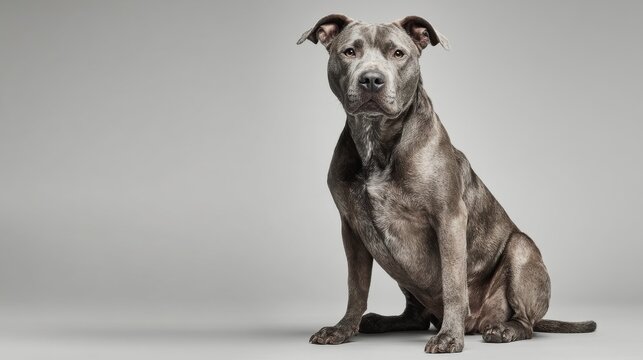 full length of pitbull sitting on light grey background