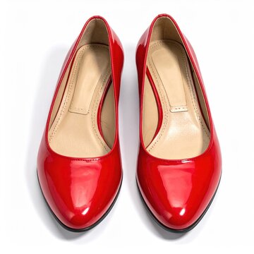 Pair of vibrant, glossy red women's shoes on a plain white background, viewed from above