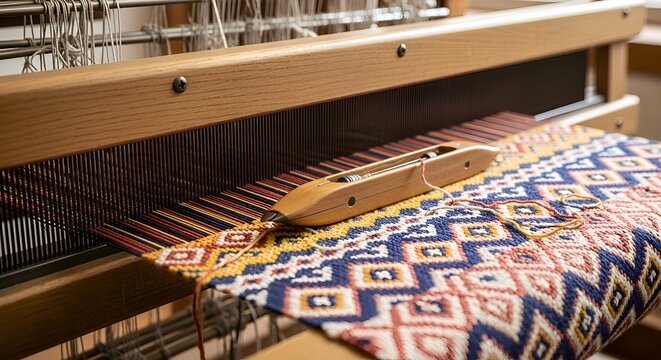 Close-up of a wooden weaving loom with colorful patterned fabric and shuttle, artisan craft.