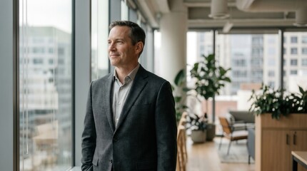 Fototapeta premium Mature businessman in suit standing by window in modern office. Leadership and corporate vision concept with professional male executive looking at city skyline.