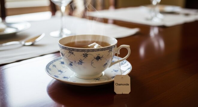 Delicate porcelain teacup filled with steaming chamomile herbal tea on a polished wooden table