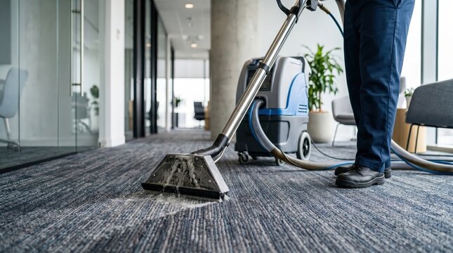 Man cleans dirty office carpet with vacuum cleaner. Professional cleaning service restores floor in modern workspace. Janitor uses equipment for deep 