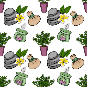 Seamless vector pattern of spa elements, including stacked stones, herbal poultices, aromatherapy diffusers with candles, and potted plants.