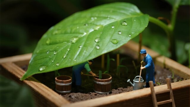 Miniature garden scene with tiny figures working under a large leaf, simulating raindrops on foliage