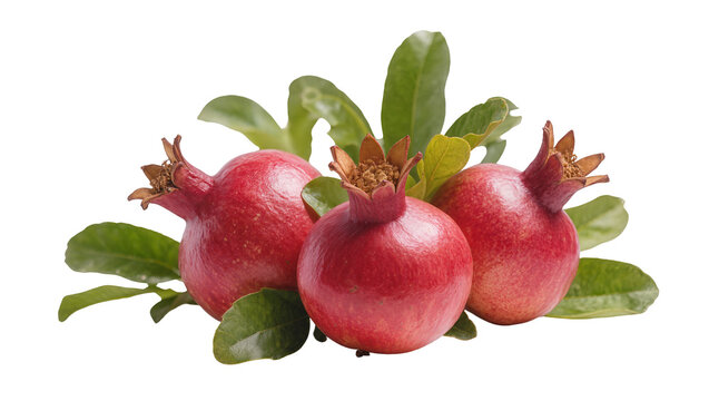 Ripe Red Pomegranates with Green Leaves and Blossoms