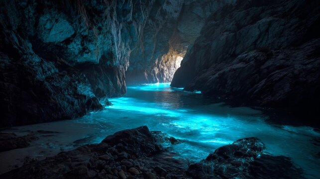 Dark moody coastal cave with glowing blue water, bioluminescent effect