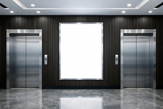 Empty hotel lobby wall mockup between elevators. Ai generative