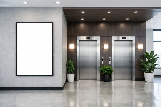 Empty hotel lobby elevator area with blank wall mockup display. Ai generative