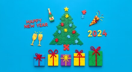 Obraz premium Happy New Year 2024 celebration with Christmas tree and gifts, festive decorations for winter holidays