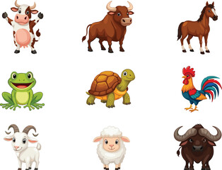 Fototapeta premium Farm Animal Cartoon Collection Featuring Cow Bull Horse Frog Turtle Rooster Goat Sheep and Buffalo Characters for Kids Illustration and Agriculture Design.