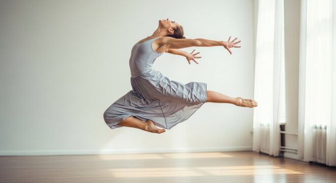 A dancer in a gray dress jumping in the air with elegance and poise in a bright room
