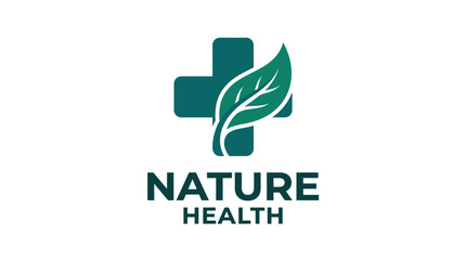 Fototapeta premium Nature Health Logo with Green Leaf and Cross Symbol.